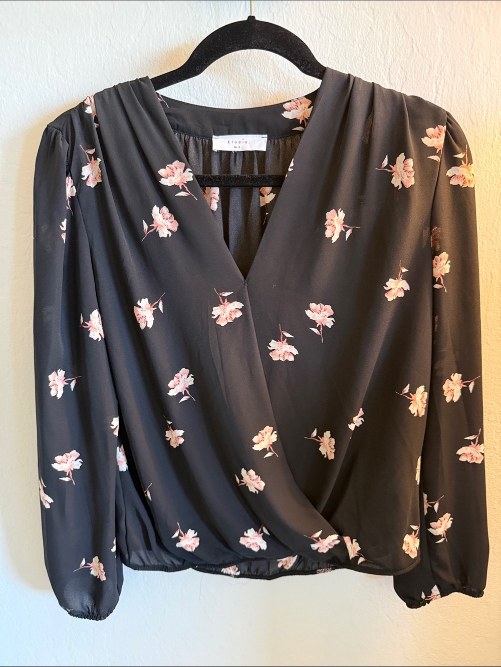 Elodie Black Wrap Blouse with Soft Pink Floral
